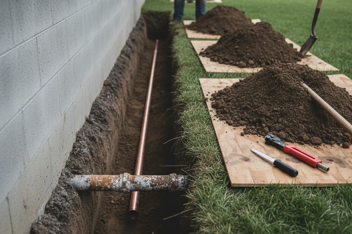 Excavated water line trench during Sewer Line Repair in Quinton